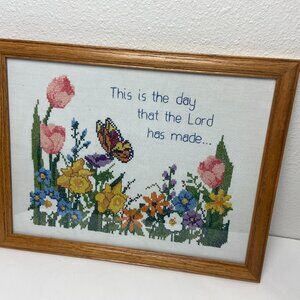 Vintage Cross stitch Flowers Butterfly Wooden Frame Handmade